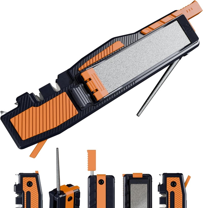 Sharp Pebble Orange Ninja Pocket Knife Sharpener with Guided Diamond Whetstones – 8-in-1 Tool Sharpener for EDC, Outdoor, Hunting & Camping Knives - Includes Diamond Rod, Leather Strop & Fire Starter - Image 1